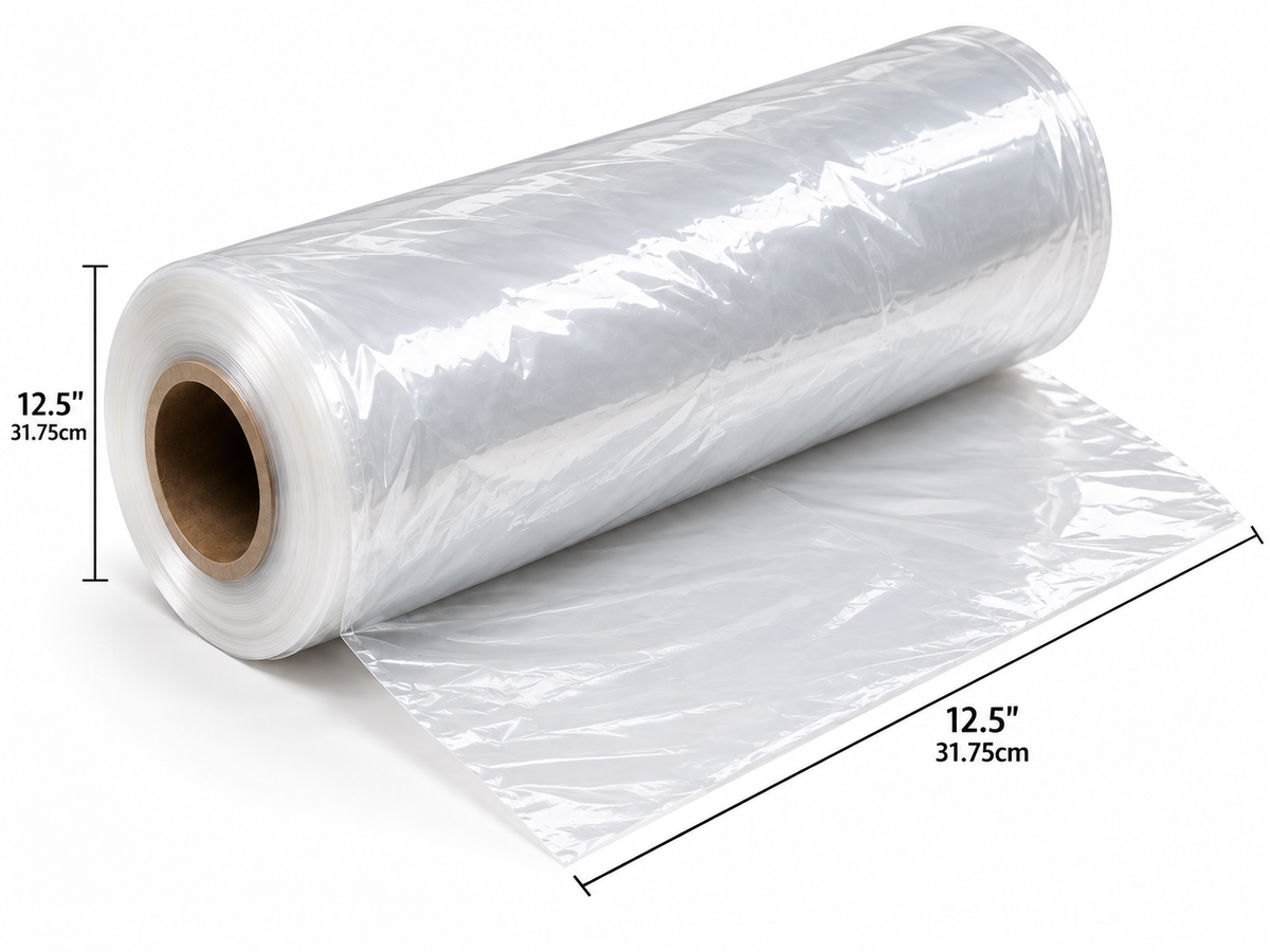 Clear polythene garment roll with a measurement graphic