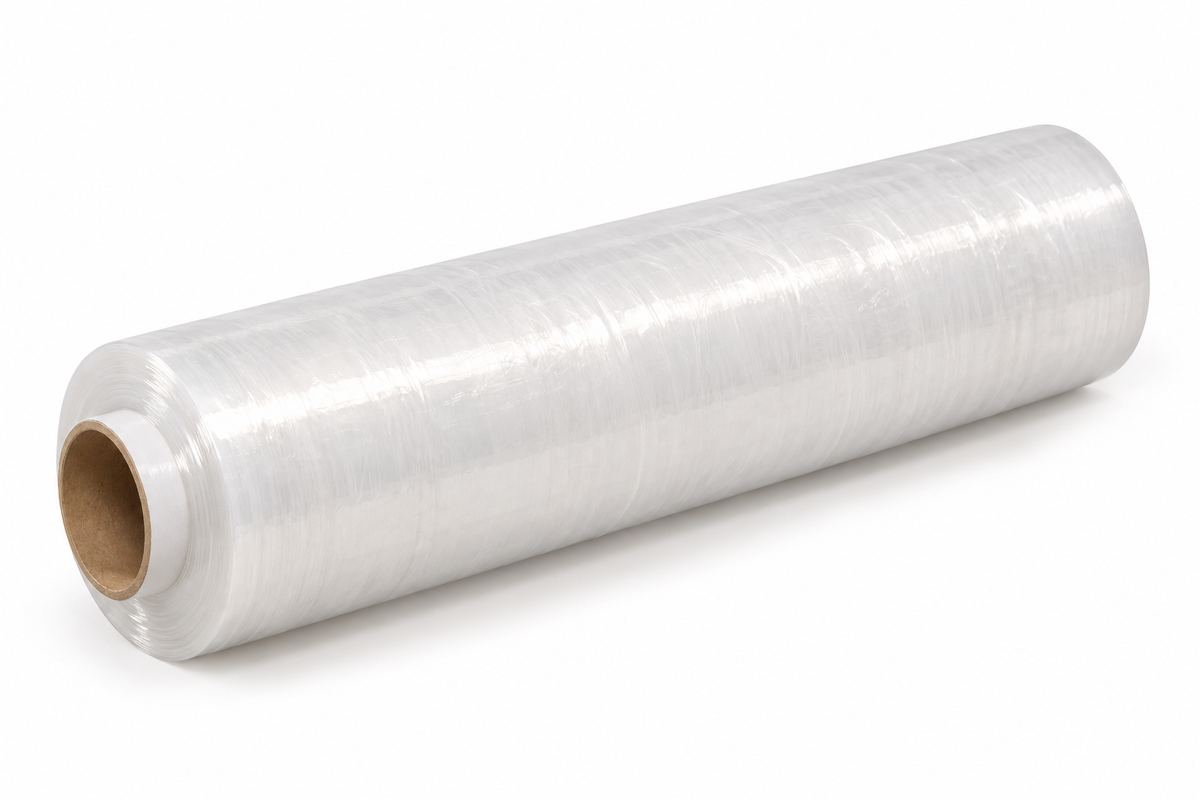 Clear pallet stretch-film roll lying on its side