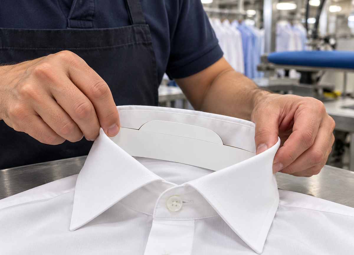 Fitting a three-way collar support to a white shirt