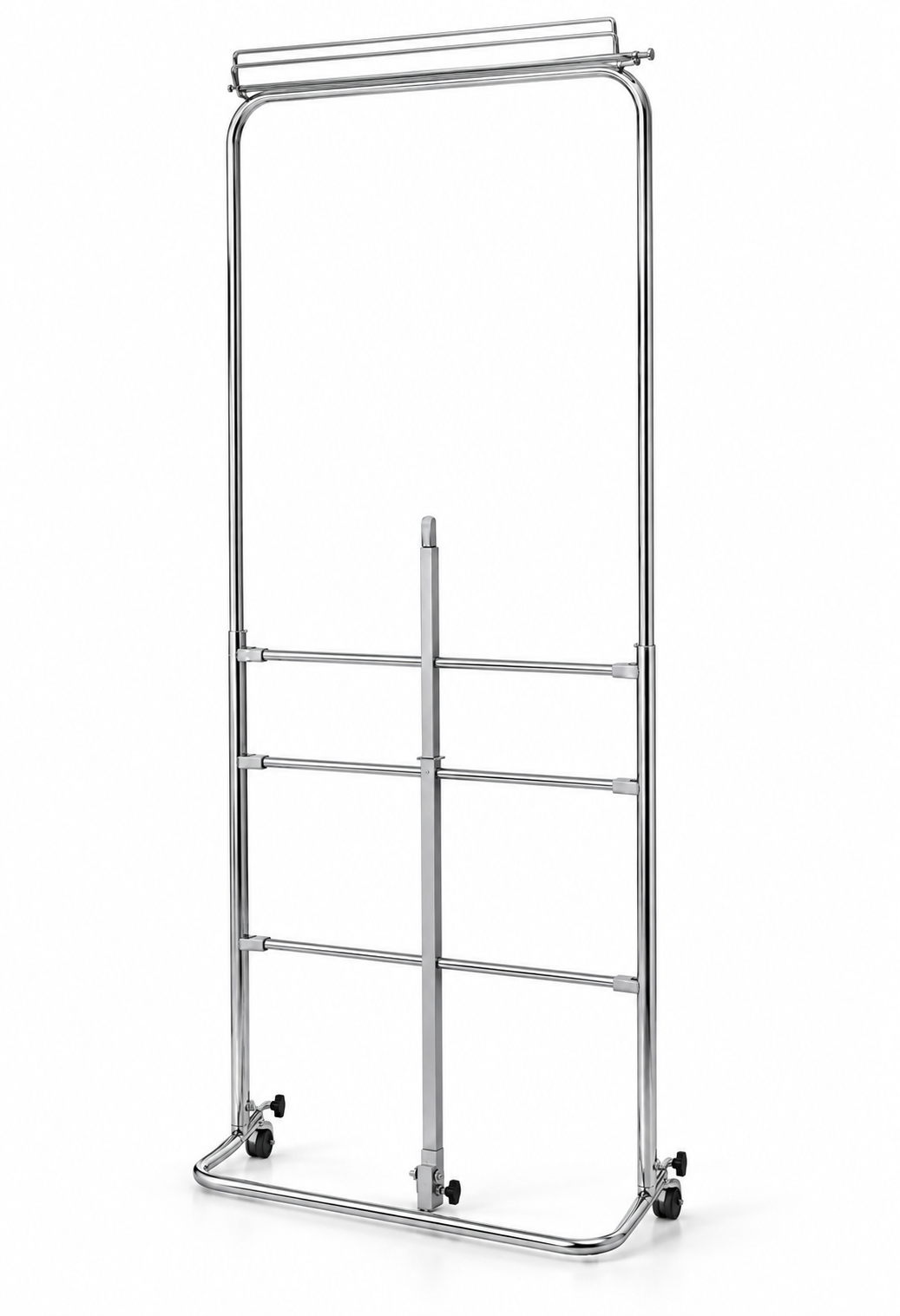Chrome three-roll poly rack viewed at an angle