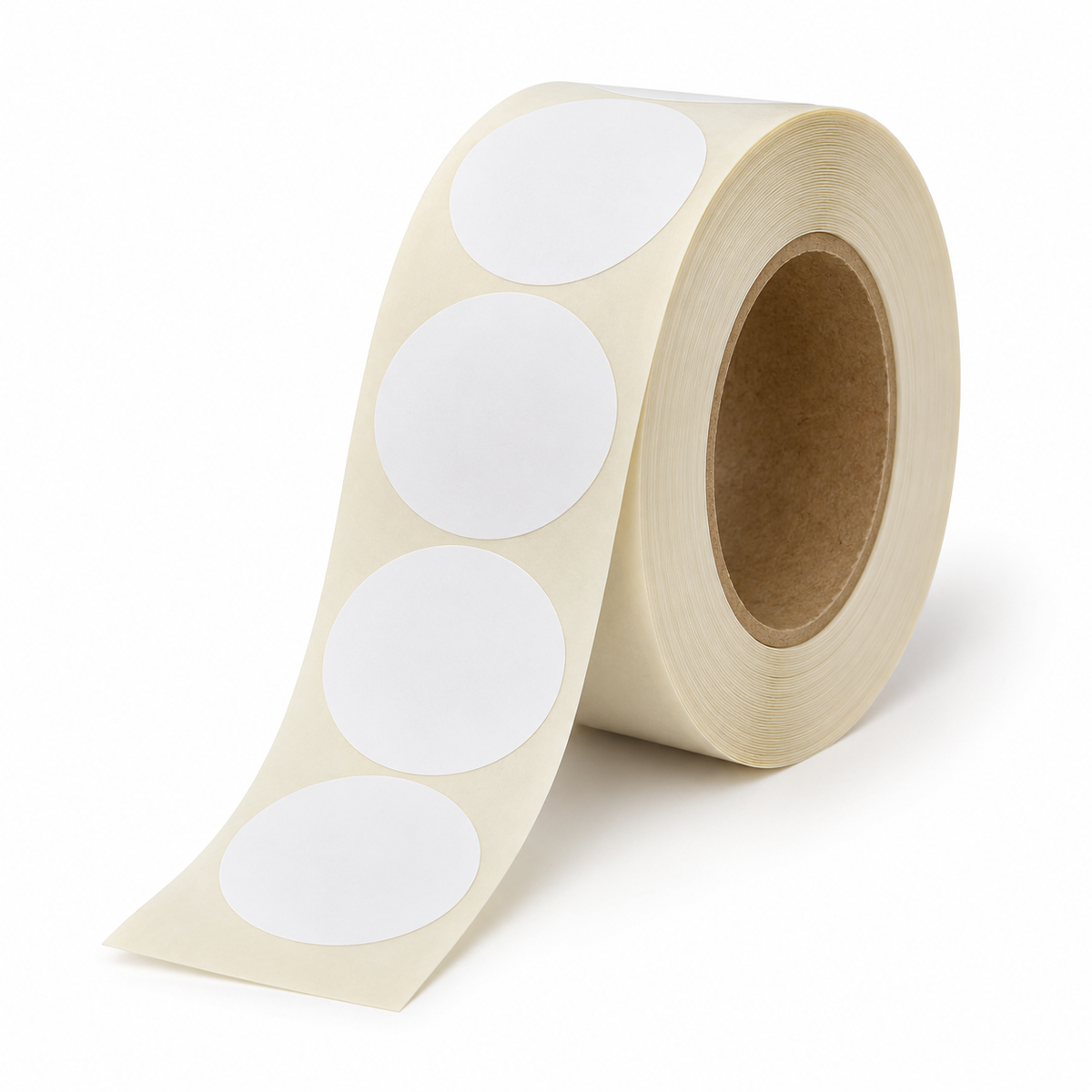 White 25mm circular paper stickers on a roll — product illustration